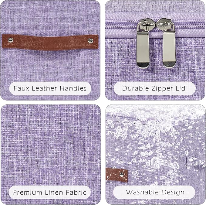 Storage Bins with Zipper Lid Cotton Linen Fabric Lidded Storage Baskets Boxes Foldable Washable Closet Shelf Clothes Organizer Container with PU Leather Handles (Purple, Large)