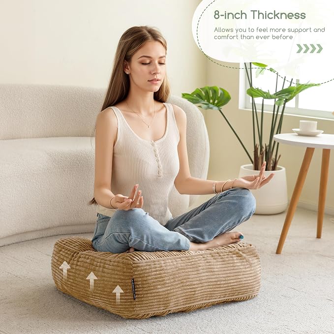 HIGOGOGO 8" Extra Thick Floor Pillow Cushion for Adults, Meditation Cushion Pillow, Large Square Floor Sitting, Tufted Corduroy Cover, for Tatami Living Room or Yoga, 22x22 Inch, 2Pack, Coffee