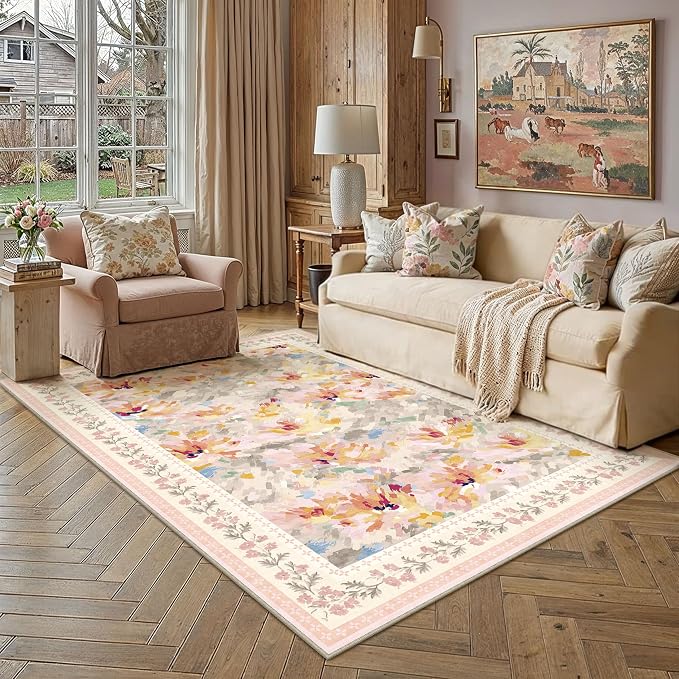 6x9 Washable Area Rug Beige Pink Living Room Bedroom Floral Throw Rug Abstract Modern Non Slip Soft Low Pile Carpet for Dining Room Office Nursery Indoor