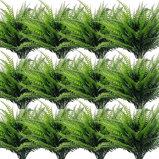 TURNMEON 20 Bundles Artificial Plants Outdoor Faux Boston Fern 17 Inch Long Length Summer Decor, Fake Plants UV Resistant No Fade Plastic Greenery Shrubs Flowers for Garden Porch Indoor Cemetery Decor