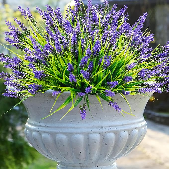 Rowfad 22 Pcs Artificial Outdoor Flowers UV Resistant Lavender Fake Greenery Plants Grass with Purple Flowers for Pot Decor for Window Garden Patio Hanging Planter Pathway Front Porch (22, Purple)
