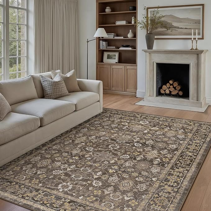 8x10 Brown Washable Vintage Area Rug for Living Room Soft Floral Non Slip Large Rug Modern Low Pile Stain Resistance Indoor Carpet Bedroom Office Playroom Office Classroom