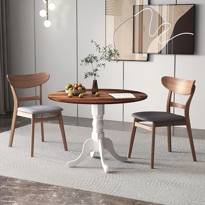 Giantex Round Dining Table, 39" D X 29" H, Rubber Wood Pedestal Table W/Round Tabletop & Curved Trestle Legs, 4-Person Dinner Table for Kitchen, Dining Room, Restaurant (Walnut & White)