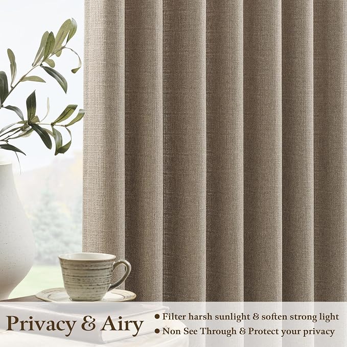 Extra Long 126 Inch Pinch Pleated Sheer Curtains 2 Panels Set with Hooks Rings for Living Room Bedroom, Dark Flax Brown Memory Shape Linen Light Filtering Privacy Luxury Windows Curtain Drapes