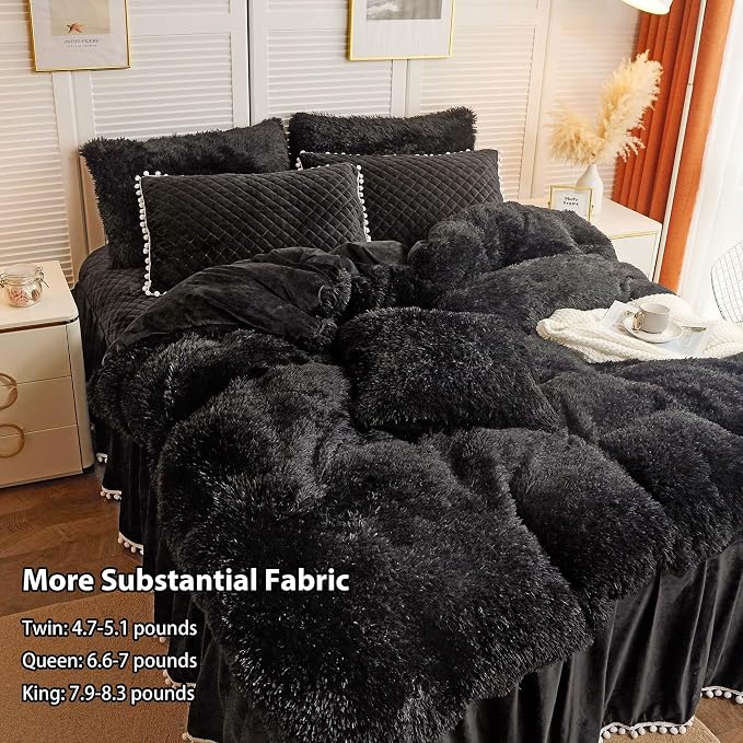 LIFEREVO Luxury Plush Shaggy Duvet Cover Set, Soft Velvet Fluffy Furry Duvet Cover Set(1 Faux Fur Fuzzy Comforter Cover + 2 Pom Poms Pillow Cases) Solid Bedding Set, Zipper Closure(Full/Queen, Black)