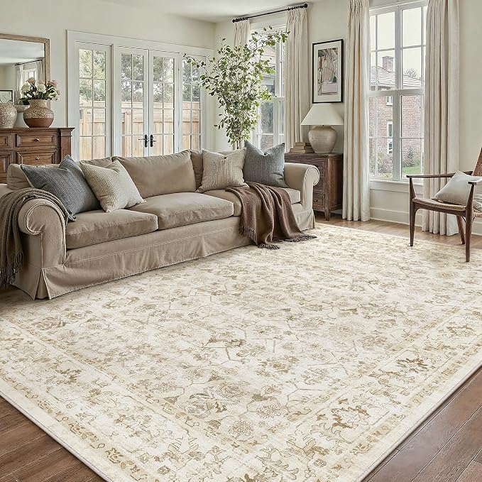 5x7 Beige Washable Neutral Area Rug for Living Room Soft Floral Non Slip Large Rug Modern Low Pile Stain Resistance Indoor Carpet Bedroom Office Playroom Dining Laundry Room Kitchen
