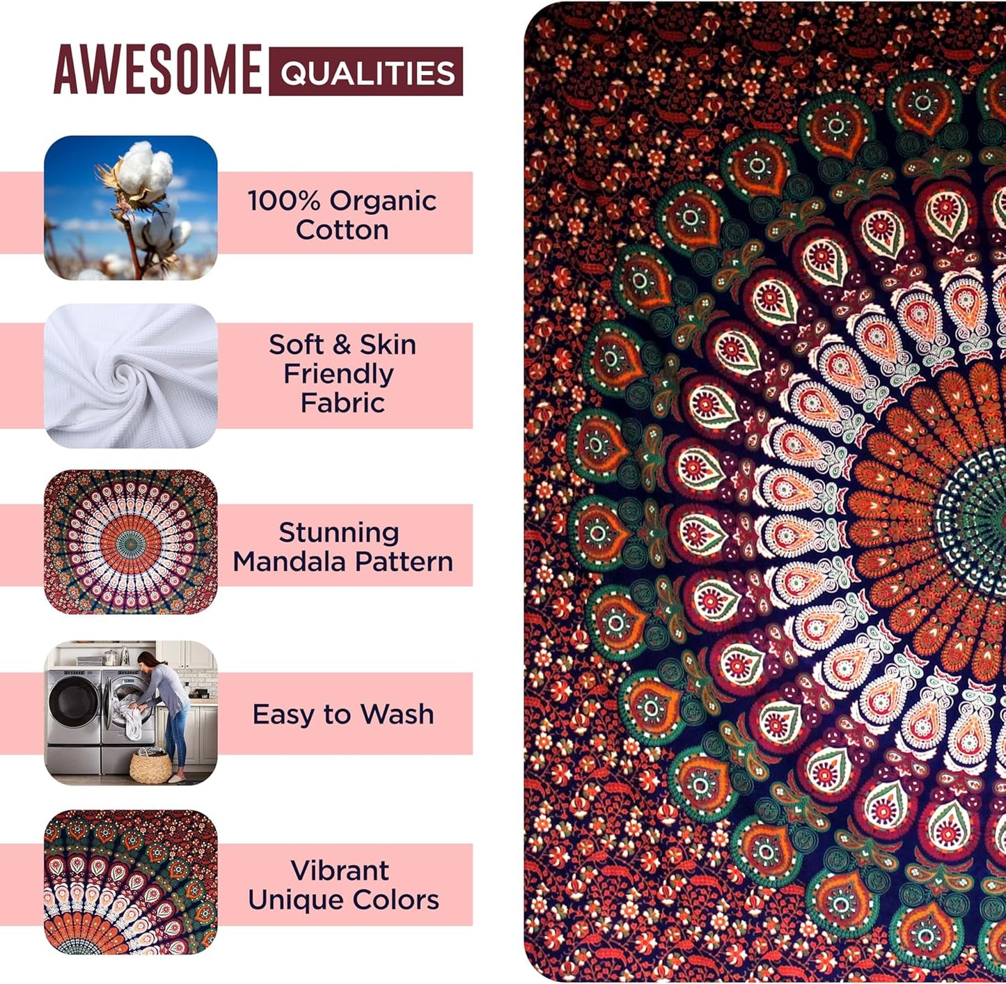 raajsee Blue Orange Tapestry Mandala Wall Hanging- Wall Tapestries For Bedroom - Aesthetic Tapestrys -Queen (82x92 Inches / 208x232 Cms)