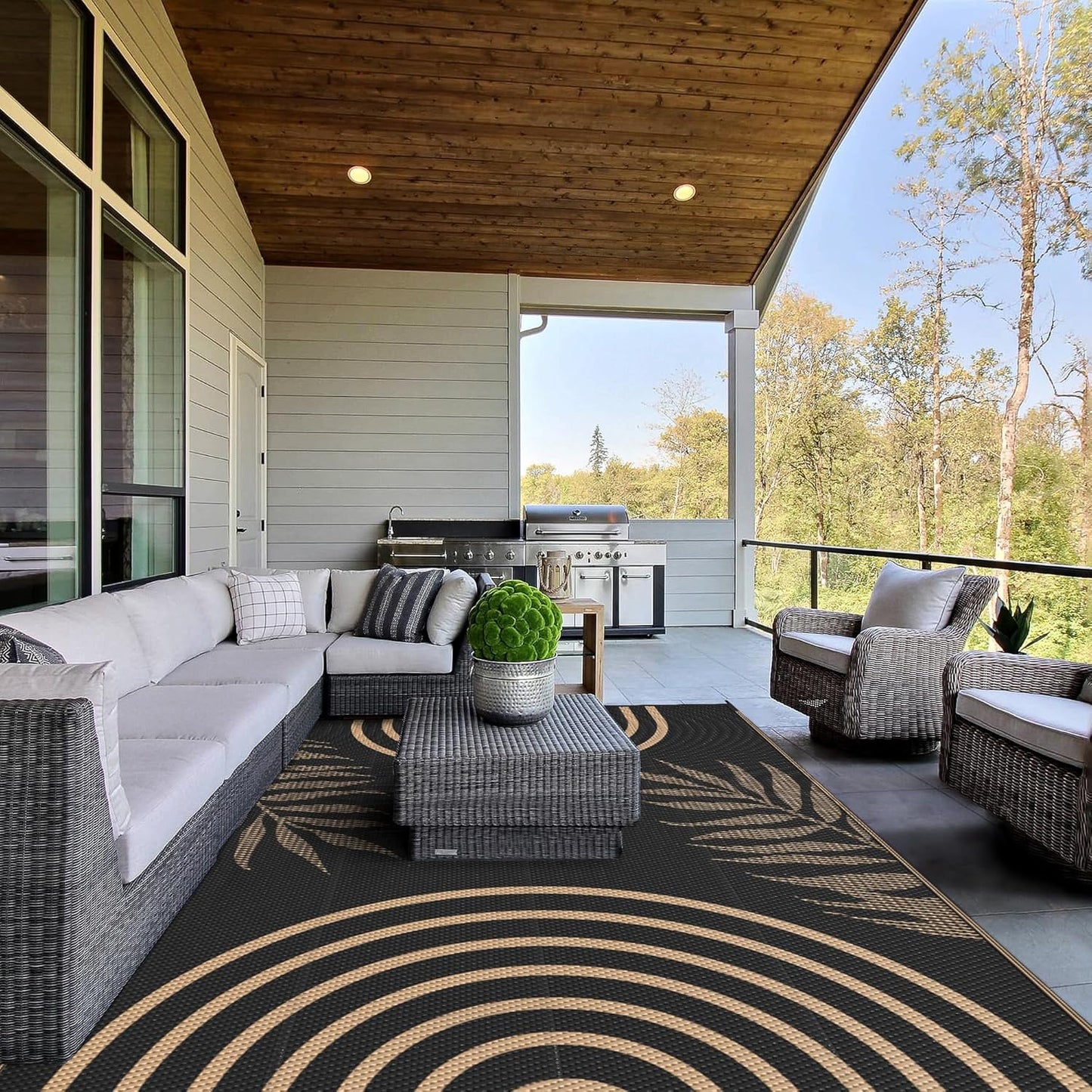 GENIMO Outdoor Rug 5' x 8' Waterproof for Patio Clearance, Reversible Plastic Straw Camping Carpet, Lightweight Rugs Mats for Rv, Backyard, Deck, Porch, Picnic, Balcony, Mix-Black & Brown