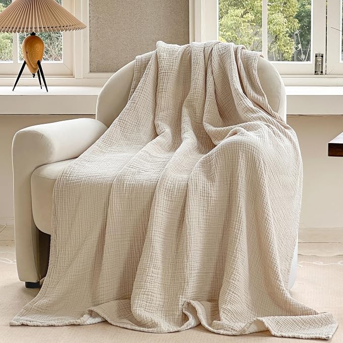 FALUCA Cotton Muslin Cooling Reversible Blanket King Size for Bed, Couch, Four Layers Blanket, Soft Lightweight Cozy Breathable Farmhouse Decoration for Summer, Khaki