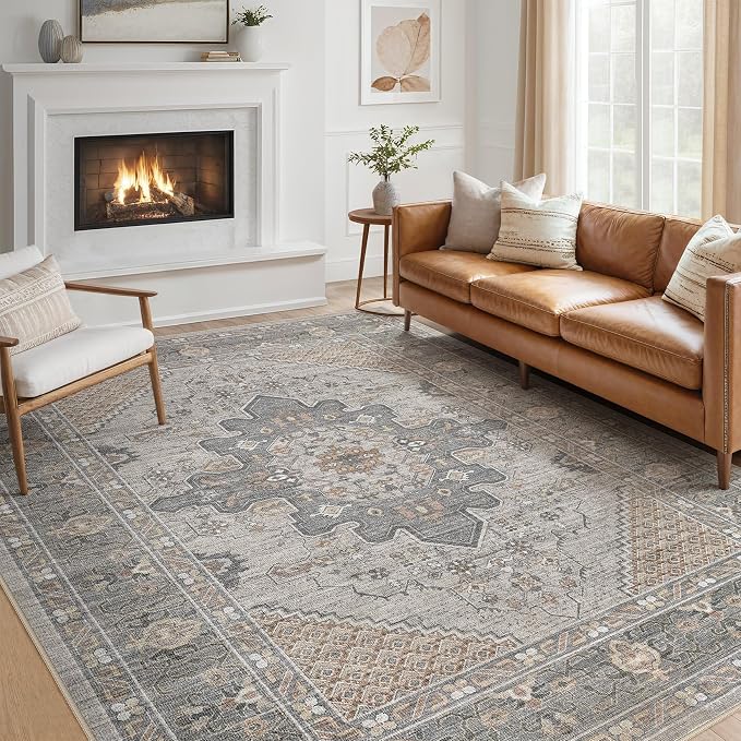 Tortania Area Rug Living Room Rugs - 5x7 Washable Boho Rug Vintage Oriental Distressed Farmhouse Large Thin Indoor Carpet for Living Room Bedroom Under Dining Table Home Office - Brown Gray