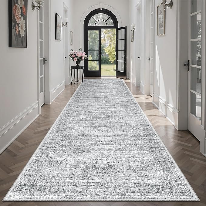 Soalmost Runner Rug 3x12 Washable Non-Slip Hallway Runner Rugs for Kitchen Bathroom Laundry Room Grey Vintage Floor Carpet Runners for Hallways Entryway