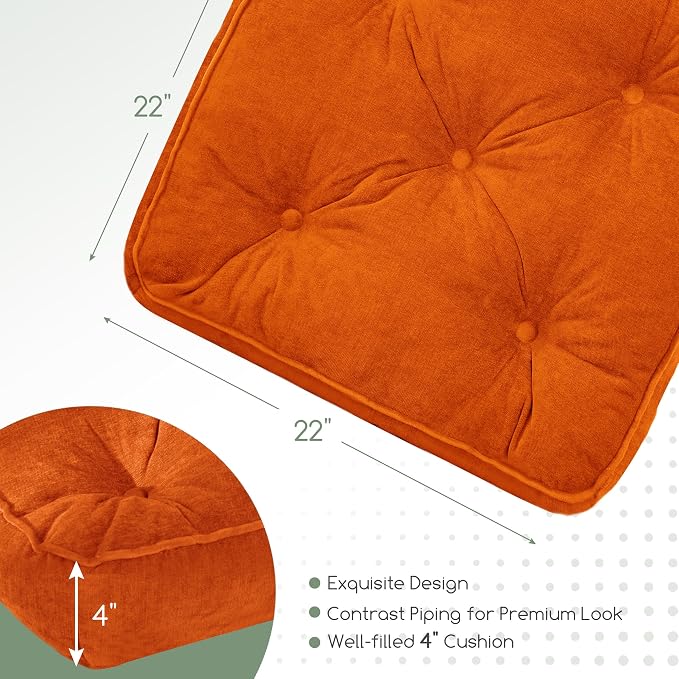 HIGOGOGO Large Floor Pillow Cushion for Adults, Meditation Cushion Pillow with Handle, Lustrous Chenille Tufted, Square Floor Sitting for Tatami Living Room or Yoga, 22x22 Inch, 2Pack, Orange