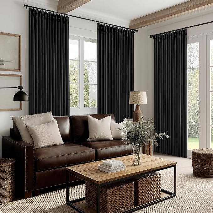 100 Inch Floor Length Linen Blackout Curtains for Bedroom Pinch Pleated Full Black Out Thermal Insulated Window Drapes Light Blocking Double Layer Soundproof 100 Inch Black Curtain 2 Panels Set