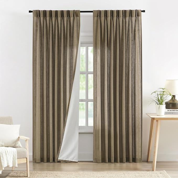 Central Park Café Brown Pinch Pleat Light Filtering Curtain Panel with Microfiber Liner 95 Inches for Living Room, Linen Blended Window Treatment Drape for Bedroom with Back Tabs Hooks, 40" Wx95 Lx2