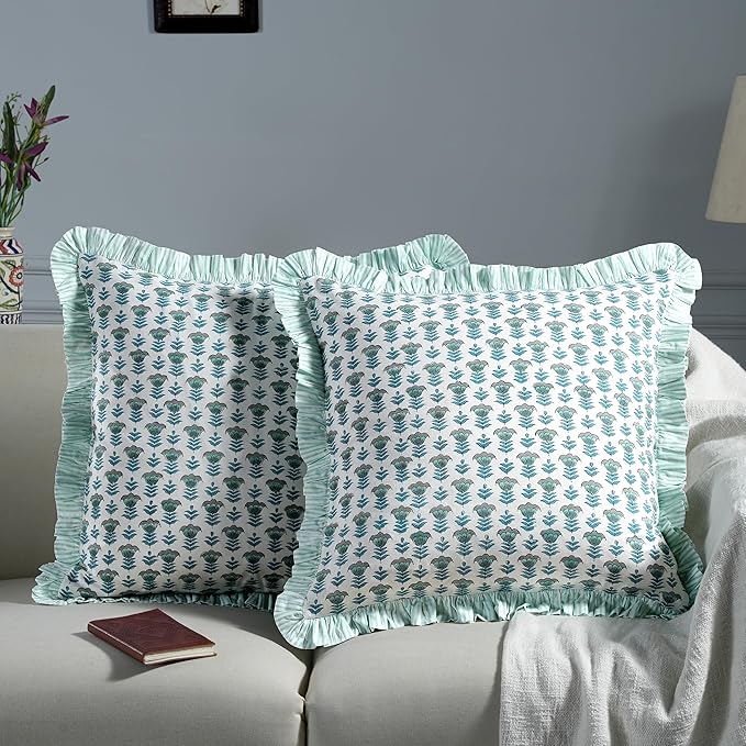 Ridhi Block Print Aquamarine Blue Throw Pillow Cover 16" x 16" (Pack of 2) Decorative Cushion Covers with Ruffle for Couch, Sofa, Bed, Living Room, Home Decor Gift for Spring, Easter, Valentine