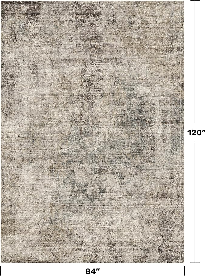 Washable Area Rug 7x10 for Living Room - Ultra-Soft Vintage Distressed Farmhouse Rug, Neutral Taupe Brown Foldable Large Carpet with Non-Slip Backing for Bedroom & Cozy Rustic Decor