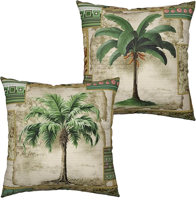 Tropical Palm Banana Tree Decorative Pillow Covers Hawaii Coconut Tree Throw Pillow Covers Vintage Cotton Linen Cushion Case 18x18 for Living Room Indoor Outdoor Decor 2 Pack