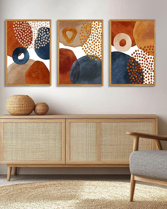 UPWOIGH Boho Abstract Framed Wall Art, 16 x 24 Inch, Set of 3 | Terracotta, Navy and Beige Geometric Prints, Modern Watercolor Boho Design, Light Wood Frames for Bedroom and Living Room
