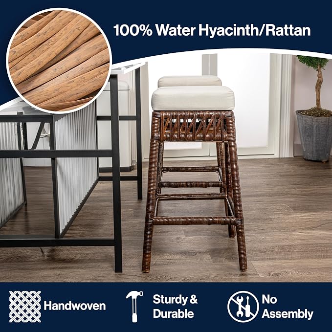 JONATHAN Y Bali 29.5" Woven Rattan Backless Bar Stool with Cushion, Bohemian Dark Brown Stool with Footrest for Kitchen Island, Home Bar, and Dining Room BSL1100A