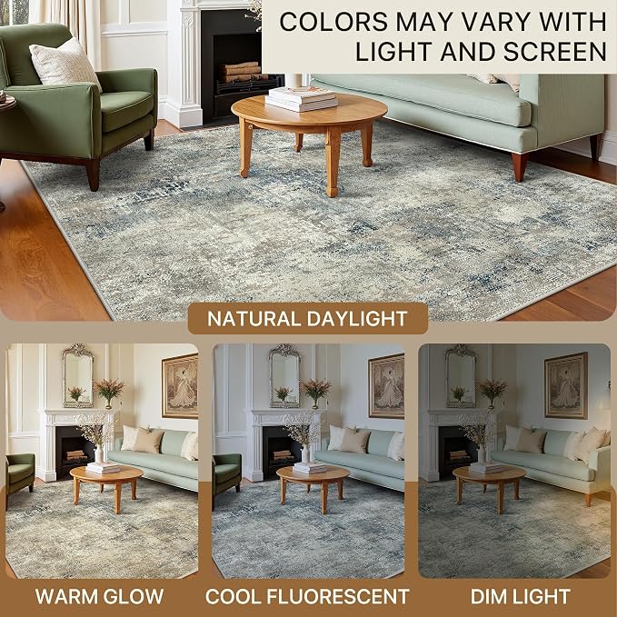 BEIMO Area Rugs 8x10 for Living Room Bedroom, Modern Abstract Machine Washable Rug, Large Soft Low Pile Floor Carpet with Non Slip Backing for Dining Room, Light Gray Blue