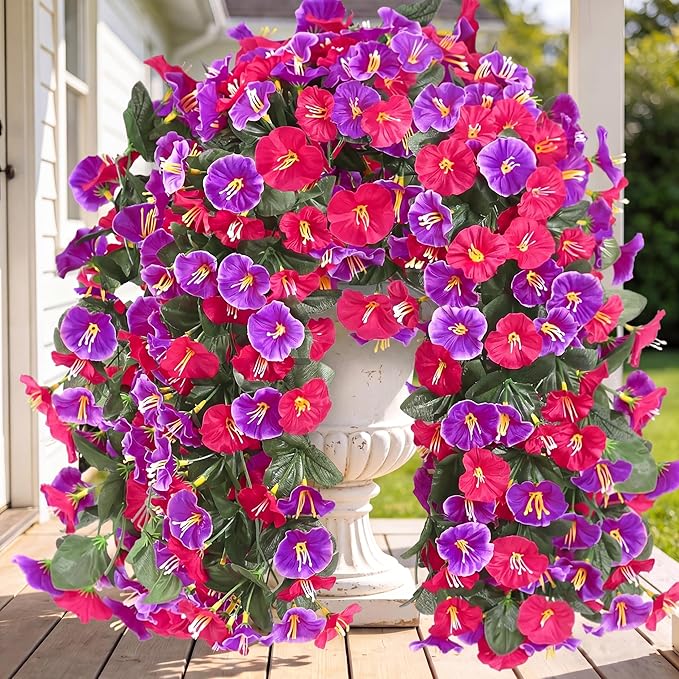 Artificial Fake Hanging Flowers Plants for Outdoor Outside Spring Summer Decoration 2PCS Faux Silk UV Resistant Realistic Morning Glory Trailing Vines for Home Porch Patio Balcony(Rose red & Magenta)