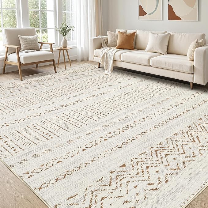 cotiled 6x9 Area Rug Living Room: Washable Boho Rugs with Non Slip Backing Large Soft Indoor Stain Resistant Carpet for Bedroom Farmhouse Dining Room Lightweight Home Decor Brown/Cream