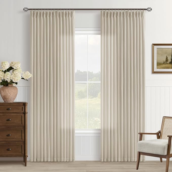 94 Inch Pinch Pleated Linen Curtains 2 Panels for Living Room Bedroom Country Farmhouse Burlap Flax Thick Linen Textured Semi Sheer Back Tab Pinch Pleat Hooks Rings 94 Inch Window Curtain Natural