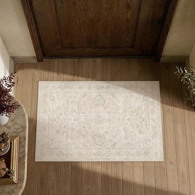 2x3 Cream Washable Area Rug for Entryway Neutral Floral Soft Non Slip Small Carpet Low Pile Distressed Door Mat for Entrance Bathroom Bedroom Indoor