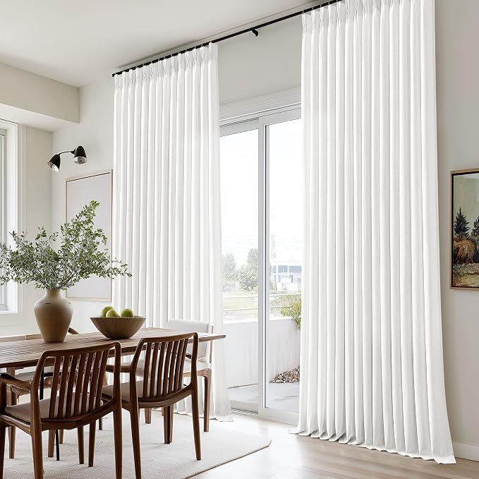 Off White Pinch Pleated Semi Sheer Linen Curtains 86 Inch Long | 86 Inch Length, Ivory, Light Filtering, Privacy, Bedroom, Office, Burlap Textured, Memory Shape, Hook Rings, Boho, Modern