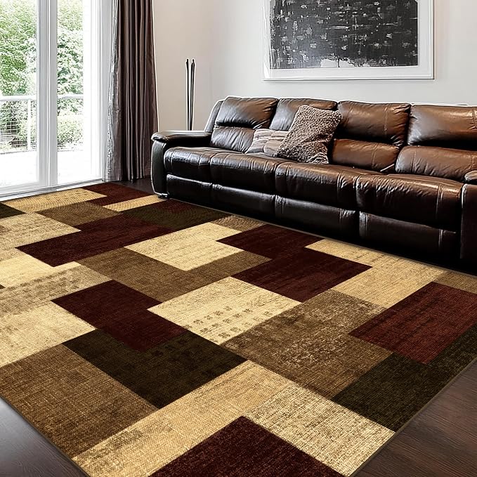 Modern Geometric Patchwork Indoor Area Rug for Living Room, Red 4x6 Large Rug Rockwood Collection Hardwood Floors Decor for Bedroom, Burgundy Throw Carpet for Office Entryway Dining Room