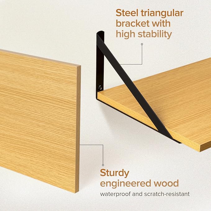 Acovy Deep Floating Shelves Wall Mounted, 12"x12" Oak Wall Shelves with Brackets Set of 2 for Bedroom, Living Room, Bathroom, Kitchen, Office - Storage & Display Shelf for Decor, Books, Plants