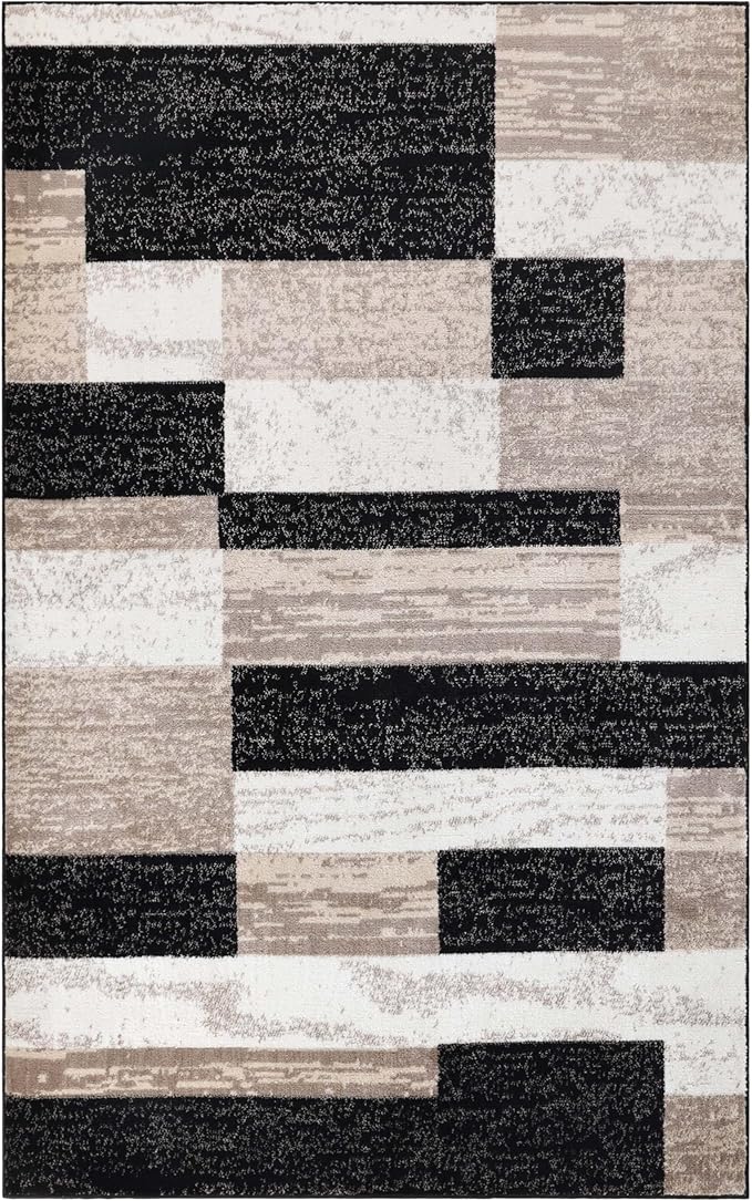 Superior Indoor Area Rug, Jute Backed, Modern Geometric Patchwork Floor Decor for Bedroom, Office, Living Room, Entryway, Kitchen, Hardwood Floors, Rockwood Collection, 6' x 9', Ivory-Beige