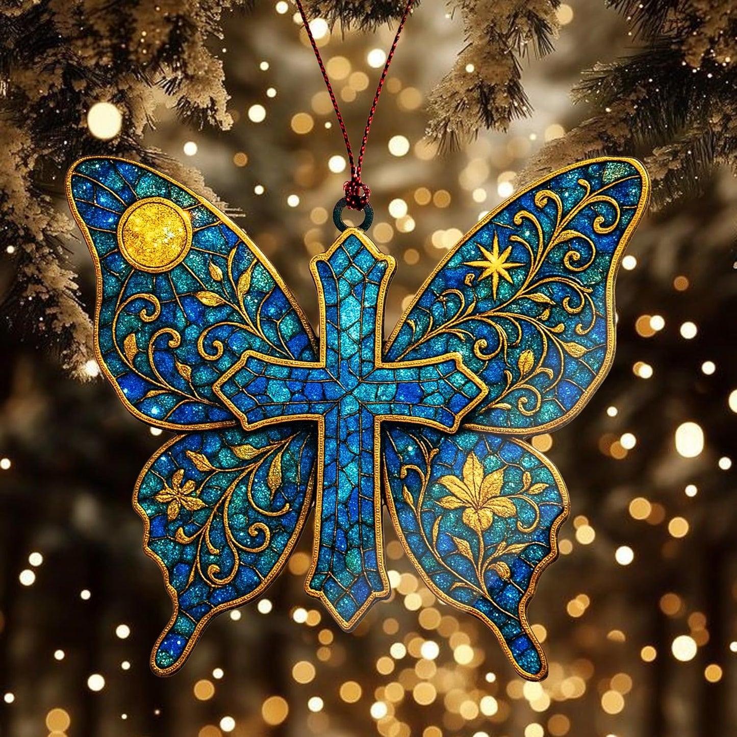 Butterfly Cross Ornament – Christian Memorial Christmas Ornament – Religious Sympathy Gift for Loss of Loved One – Bereavement Keepsake Decoration, Suncatcher Effect stained glass window hanging
