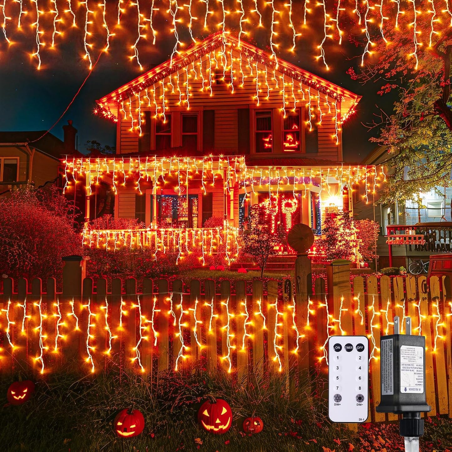 JMEXSUSS Orange Halloween Lights Outdoor, 800 LED Orange Icicle Lights Outdoor Waterproof, 8 Modes String Light Plug in for Fireplace Tree Garden Patio Thanksgiving Fall Halloween Decor