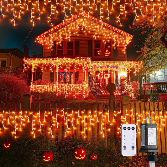 JMEXSUSS Orange Halloween Lights Outdoor, 800 LED Orange Icicle Lights Outdoor Waterproof, 8 Modes String Light Plug in for Fireplace Tree Garden Patio Thanksgiving Fall Halloween Decor