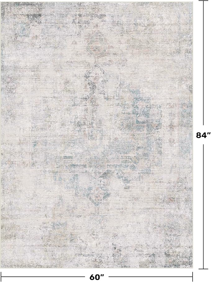 Low Pile Office Rugs for Rolling Chairs - 5x7 Abstract Rugs for Living Room, Large Entryway, Cream Slate Blue Decor, Non Slip with Rubber Backed & Stain Resistant