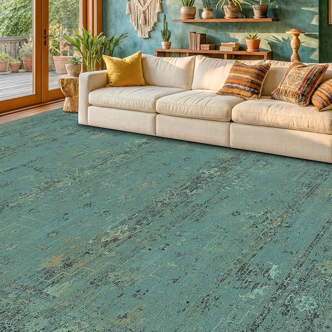 Turquoise Green 8x10 Washable Area Rug for Living Room, Non Slip Low Pile Vintage Boho Carpet, Distressed Teal Geometric Rug for Dining Room, Bedroom, Neutral Friendly Farmhouse Décor