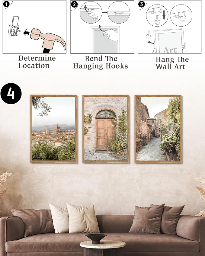 UPWOIGH Italy Travel Framed Wall Art, 16 x 24 Inch, Set of 3 | Florence Skyline, Tuscan Alley and Rustic Door Prints, Warm Neutral Tones, Light Wood Frames for Living Room and Office