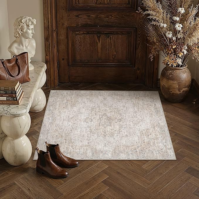 HUGEAR Entryway Area Rugs 2x3 Washable Rug Beige Vintage Rug Carpet Low Pile Non Slip No Shedding Soft Durable Indoor Bedroom Kitchen Home Decor Floor Mat