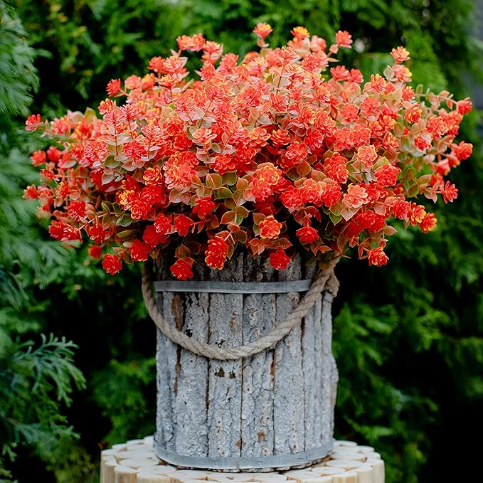 AXYLEX Artificial Fall Flowers Outdoor Fake Mums - 12 Bundles Fake Plants UV Resistant No Fade Faux Plastic Greenery Garden Porch Patio Fall Home Decor(OrangeGreen)