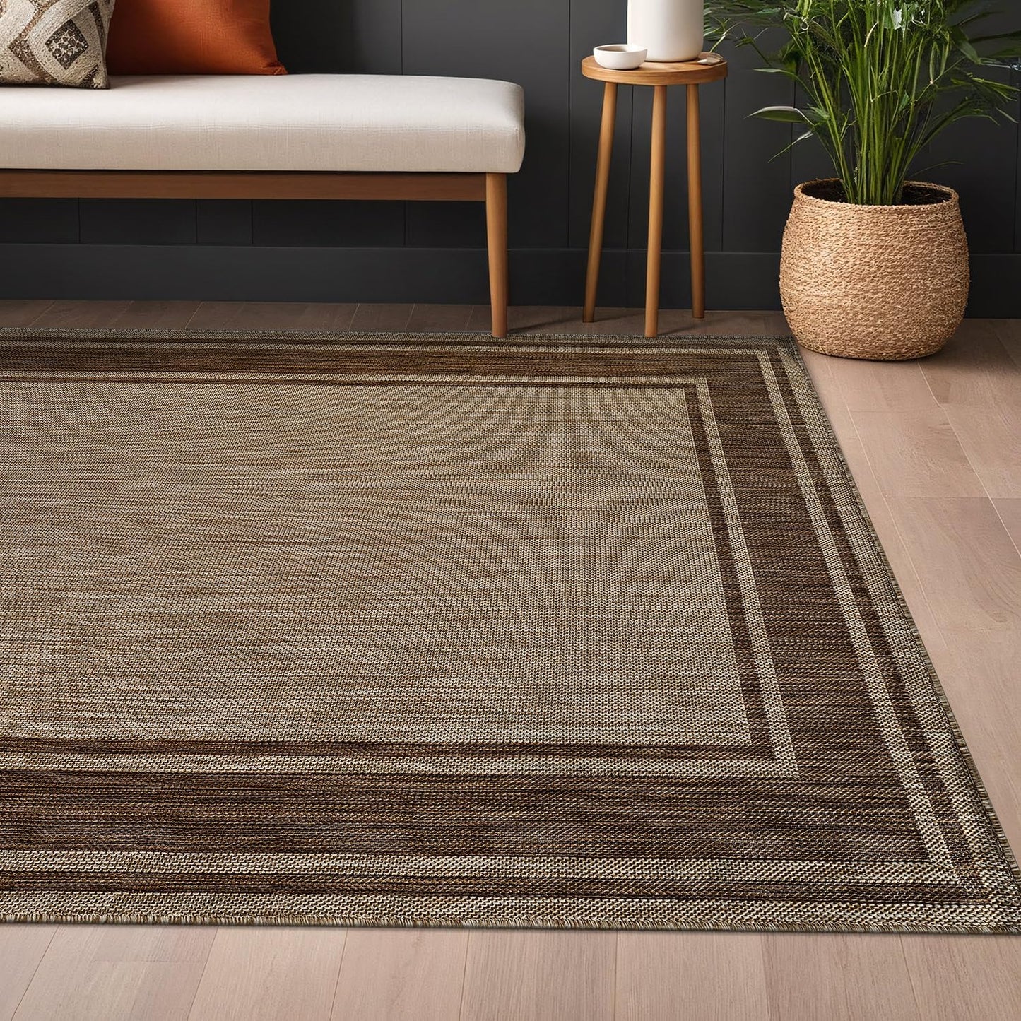 Beverly Rug Large Outdoor Rug 9x12 Modern Bordered Area Rugs for Indoor and Outdoor Patio Deck Porch Garden Waterproof Weather Sun Resistant Washable Outside Carpet (9 x 12 Jute)