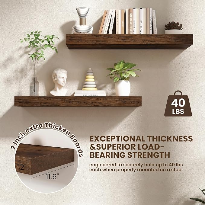 FLYJOE 32 Inch Floating Shelves, 12 Inch Deep Floating Shelves Set of 2, 32''W x 12''D Rustic Brown Wood Shelves for Wall, Bathroom Available, Engineered Wood, Mounting Hardware Included