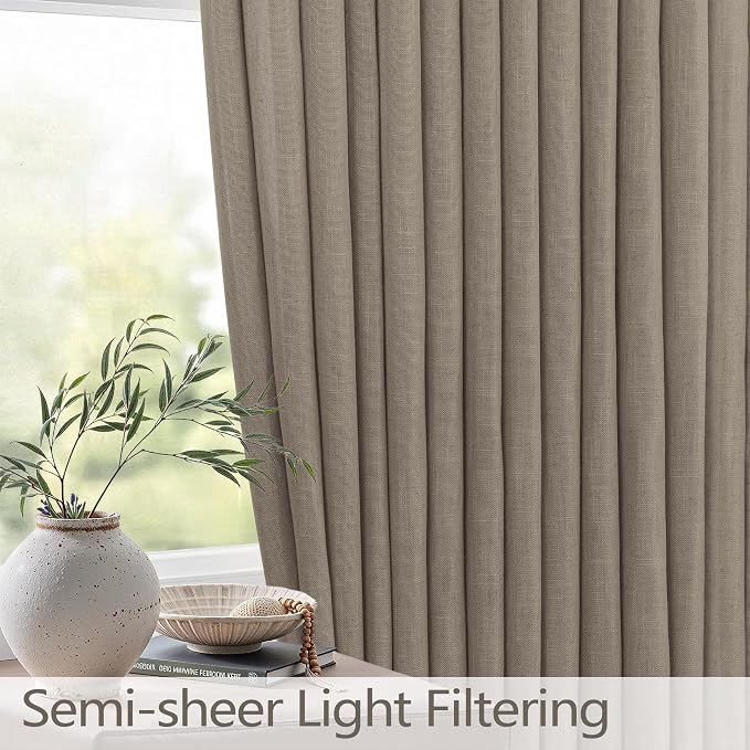 Brown Linen Pinch Pleat Curtains 108 Inch Long for Living Room 2 Panel Back Tab Dark Taupe Drape Semi Sheer Primitive Burlap Pleated Curtain for Bedroom Patio Country Farmhouse Decor Mocha 9 FT Length