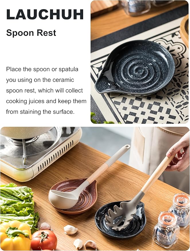 LAUCHUH Spoon Rest, Ceramic Spoon Holder for Stove Top 5" Kitchen Spatula Rest for Countertop Large Cooking Utensil Holder for Ladle, Spatula, Spoons or Tongs, Speckled Dark Gray
