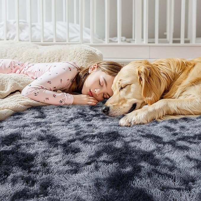 KICHOWUA Thick Area Rug Dark Grey Fluffy 4x6 for Bedroom Living Room Washable Plush Rug for Kids Baby Nursery Soft Shag Non Slip Comfy Shaggy Rugs for Dorm Fuzzy Floor Carpet, Tie-Dye Gray