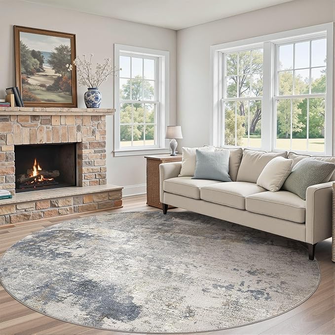 UERMEI 10ft Round Area Rug Living Room Rugs - 10x10 Washable Large Neutral Modern Abstract Soft Thin Rug Indoor Floor No Slip Rug Carpet for Bedroom Under Dining Table Home Office Decor - Blue Grey