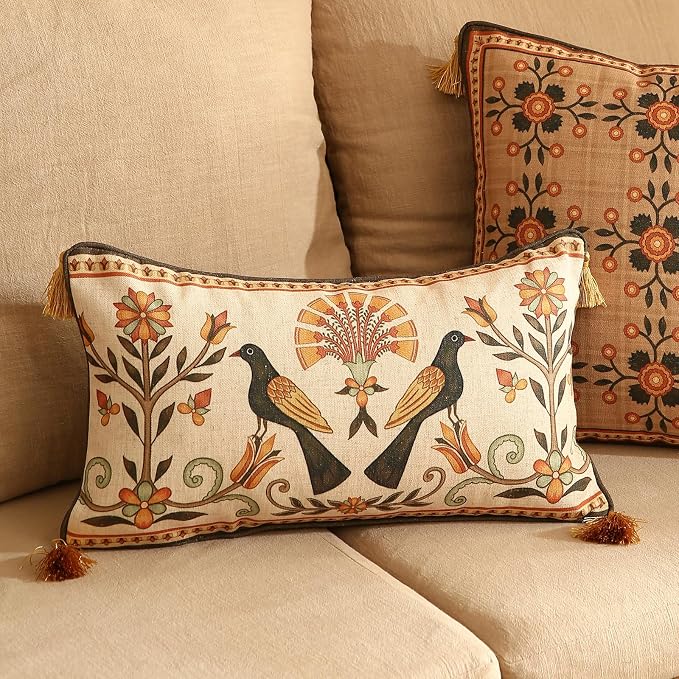 bilin gaier Rectangle Linen Throw Pillow Covers,20"x12" Set of 2-Seville C | Designer Vintage Elegant Pillow Cover,Concealed Zipper,Floral and Bird Pattern,Sofas,Bedroom,Living Room,Chairs