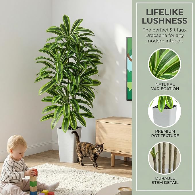 Artificial Dracaena Tree：5FT Faux Silk Tropical Yucca Floor Trees Realistic Fake Green Plant with Natural Wood Trunk & Lifelike Leaves for Home Office Decor Indoor & Outdoor (5FT,1-Pack,White)