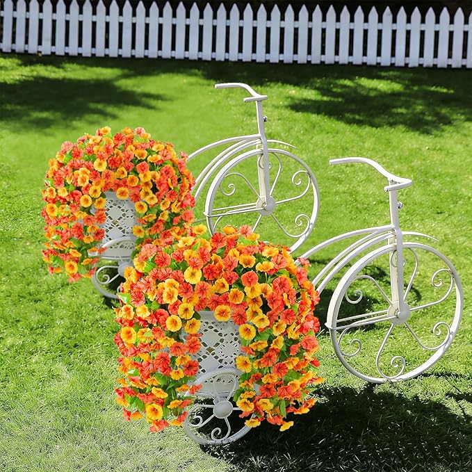INXUGAO Artificial Fake Hanging Flowers Plants for Outdoor Decoration, 2PCS Faux Silk Morning Glory Long Vines Stems UV Resistant Look Real for Spring Summer Outside Home Porch Patio, Orange Yellow