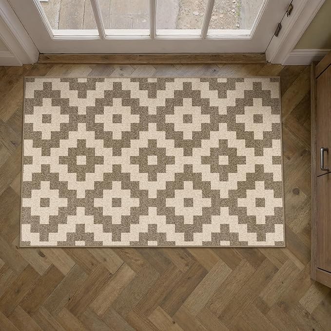PureCozy Brown 2x3 Rug for Entryway Washable Small Area Rug Non-Slip Stain Resistant Door Mat Low Pile Retro Accent Indoor Throw Carpet for Entrance Kitchen Bedroom Laundry
